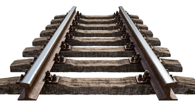 Weathered wooden railway sleepers with steel rails and bolts