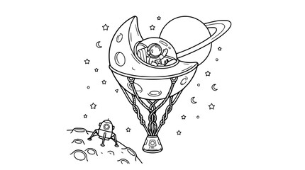 Astronaut in Crescent Moon Spaceship with Saturn and Lunar Lander on Moon Surface © Akun Sembilan
