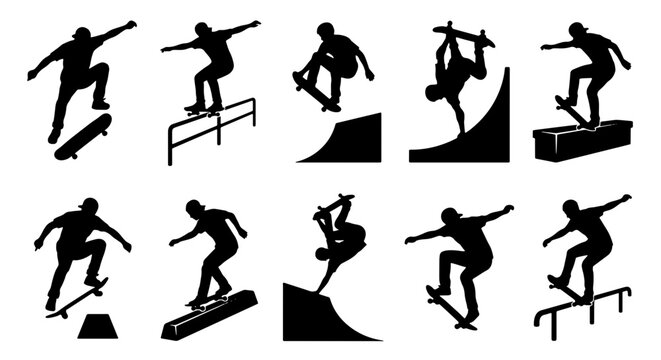 Skateboarder silhouette collection with 10 vector icons. Extreme sports skaters performing tricks on ramps and rails. Black skateboarding figures set.