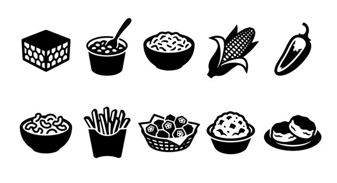 Southern food side dish icons, black and white vector set of 10 comfort food elements, soul food menu graphics including cornbread and mac and cheese