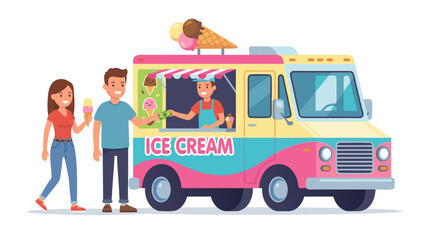 Fototapeta premium Kids and Parents Buying Ice Cream from Food Truck