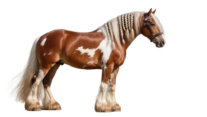 Brown and white piebald horse with braided mane and feathered legs © Jonas