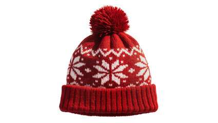 Fototapeta premium Red knitted beanie with white snowflake pattern and pompom