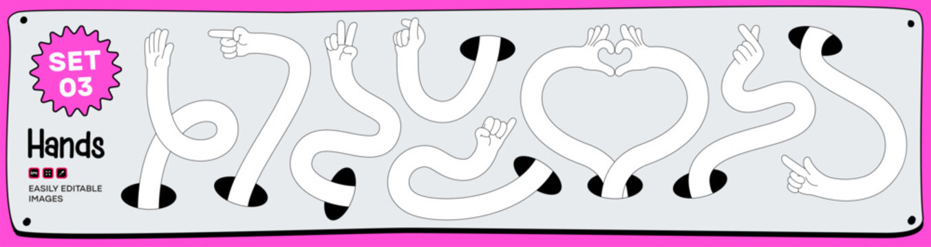 Cartoon stretching hands set with Flexible Long Arms and different gestures emerging from holes for creative design and Illustration - Set 03