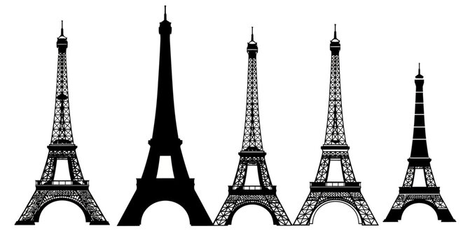 Eiffel Tower silhouette collection, set of 5 black French landmark icons, European travel destination vector graphics for tourism and souvenirs