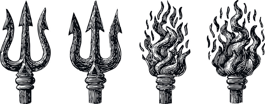 hand drawn trident and flaming torch sketches vintage nautical and ancient weapon illustrations