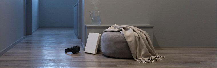 Obraz premium Bean bag with blanket and frame on hardwood hallway