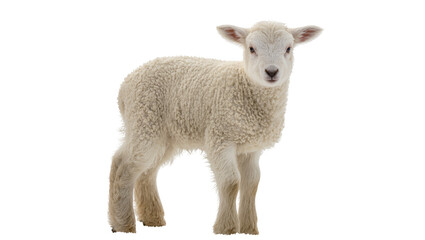 Fototapeta premium Young fluffy white lamb standing on white