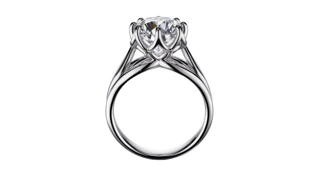 Sparkling diamond engagement ring with intricate platinum band, isolated on transparent background