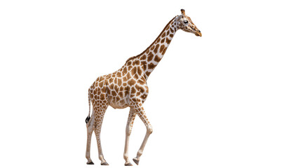Tall giraffe with brown and white patterned fur walking, isolated on transparent background © Sorin