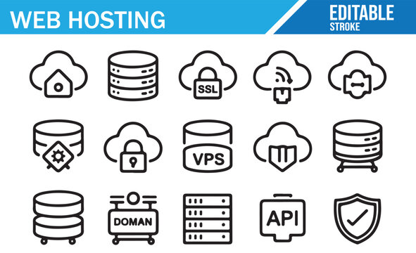 Hosting Technology Icons Set for Database and Network Services
