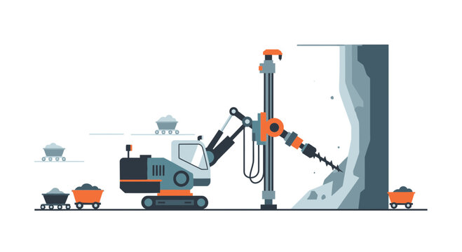 Mining drill machine extracting resources from rock face with coal carts