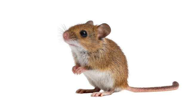 Small brown mouse with white belly standing on hind legs