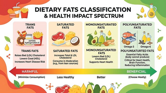 Dietary fats classification and health impact spectrum infographic