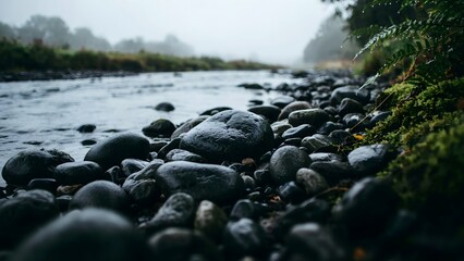 Obraz premium Rocky Riverbank with Pebbles and Flowing Water in Nature Scene during Foggy Day