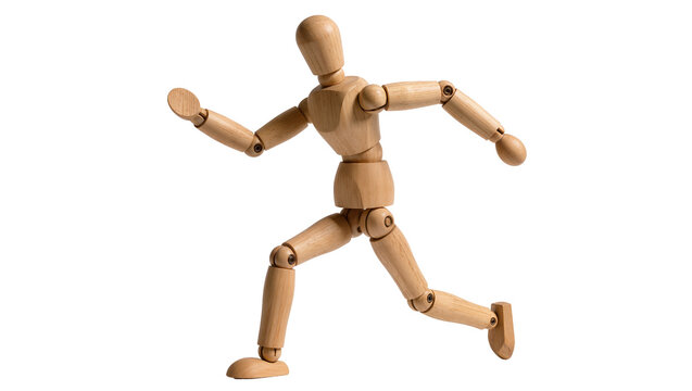 Wooden mannequin figure in running pose