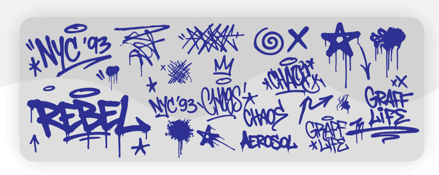Rebel Graffiti Tags and Street Art Elements Set &ndash; Urban Spray Paint, NYC Style, Dripping Graff Life Typography, Aerosol Scribbles Vector Collection