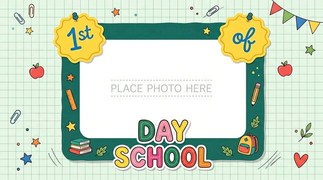 First day of school photo frame template with cute cartoon graphics.