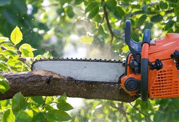 Fototapeta premium Red chainsaw cutting tree branch with green foliage outdoors, powerful logging tool in action, sawdust flying, professional forestry equipment, natural forest environment copyspace background detail