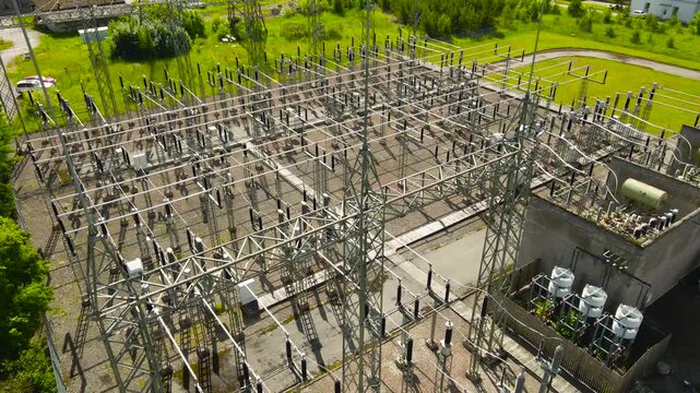 High voltage electrical substation with transformers and power lines for energy transmission, an essential component of the modern power grid for delivering electricity to consumers and industries