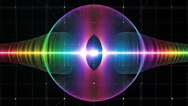 Abstract visualization of quantum physics and light wave interference on a dark grid background