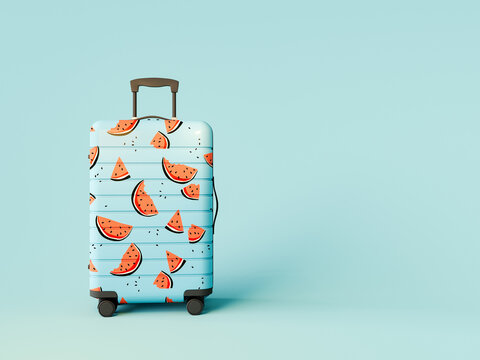 Watermelon blue luggage on blue background with copy space. Summer travel concept design. 3D Rendering, 3D Illustration