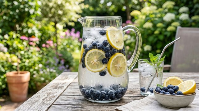 Refreshing blueberry lemonade in glass pitcher with fresh fruit garnish outdoors.