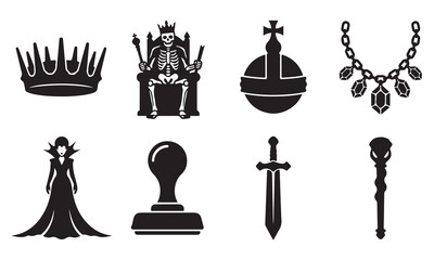 Naklejka premium Set of black silhouette featuring a royal crown, a skeleton king on a throne, a regal orb, a jeweled necklace, a queen figure, a wax seal stamp, a sharp sword, and a magic scepter