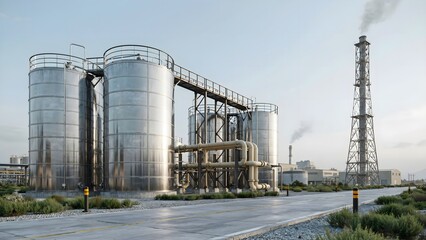 Obraz premium Industrial Storage Tanks and Chimney Emitting Smoke in Factory Setting