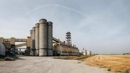Obraz premium Industrial Grain Processing Facility with Silos and Storage Structures in Rural Area