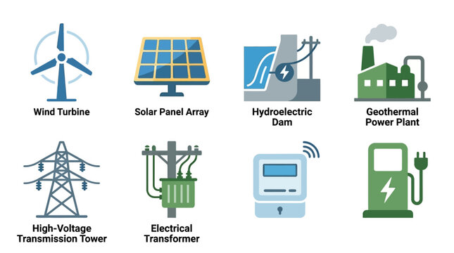 Flat Design Colorful Icons for Renewable Energy Generation and Electrical Infrastructure on Isolated White Background