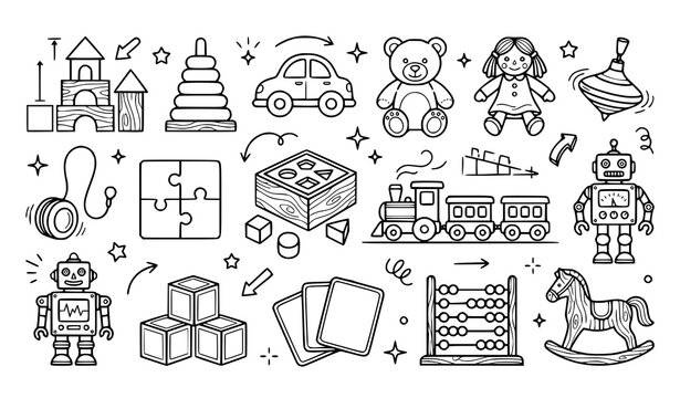 Black and white line drawing illustrations of children's toys and learning tools