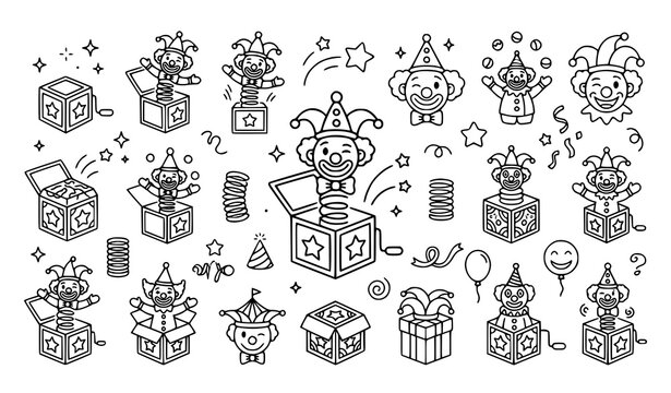 Jack in the box clowns collection hand drawn black and white vector illustration set