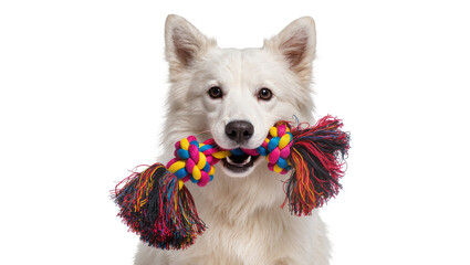 White dog holding colorful rope toy in mouth © Niklas
