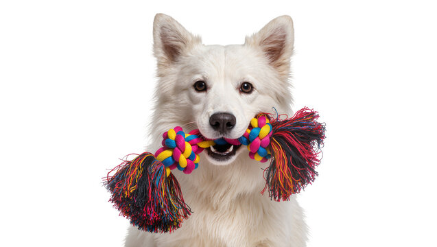 White dog holding colorful rope toy in mouth