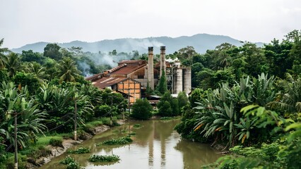 Fototapeta premium Industrial Factory with Smokestacks in Tropical Green Landscape Near River