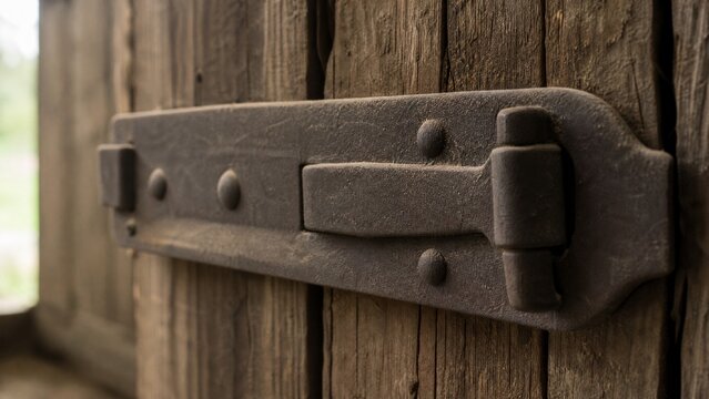 Large iron hasp on a dusty barn door, symbolizing security in soft natural light.