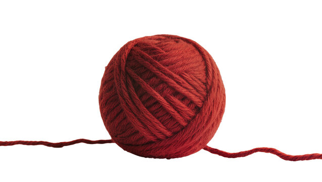 Thick red wool yarn ball with trailing thread, isolated on transparent background