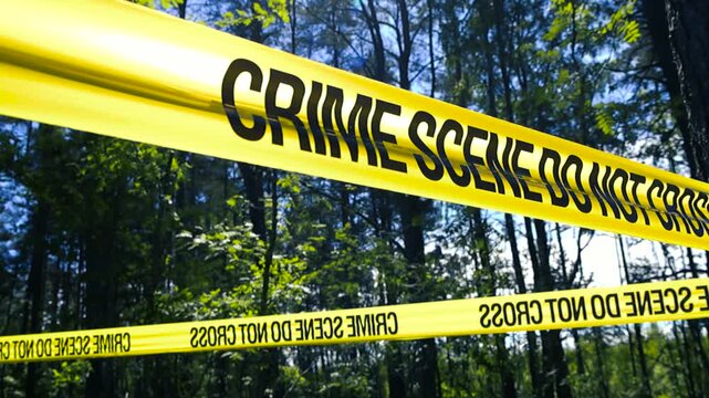 Yellow police tape with the text crime scene do not cross wrapped around a pine tree trunk in the middle of a sunny forest, restricting access to an investigation area outdoors