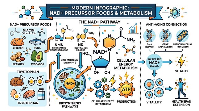 Infographic explaining nad plus metabolic pathways and precursor foods