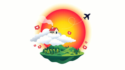 Fototapeta premium Floating island with house and plane flying by sunset