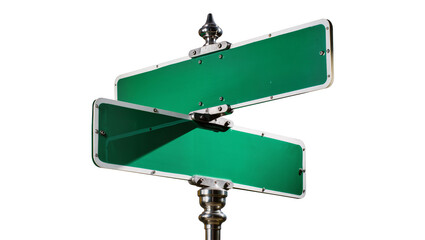 Two blank green street signs with silver frames, isolated on transparent background © Corotaev