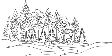 Obraz premium Continuous line drawing of a forest landscape with a deer standing among pine and deciduous trees