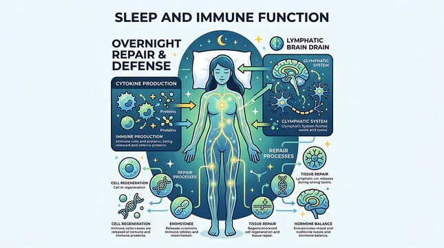 Infographic of sleep and immune function with overnight repair cycles