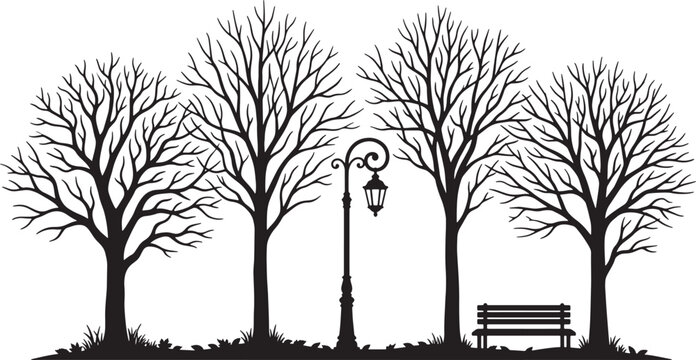 Black silhouette of park trees with a street lamp and wooden bench isolated on white background vector
