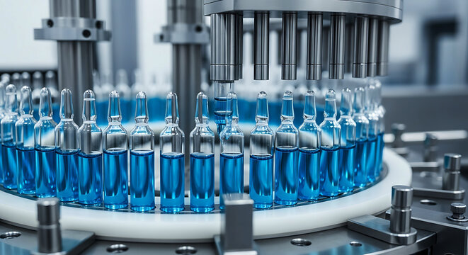 Blue liquid-filled vials on an automated pharmaceutical production machine