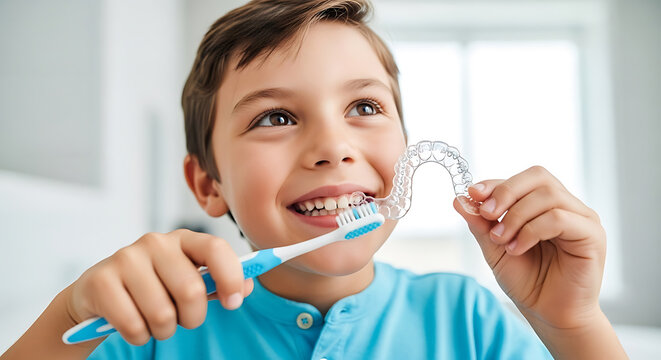 Boy brushing teeth with toothbrush and holding clear dental retainer in bathroom