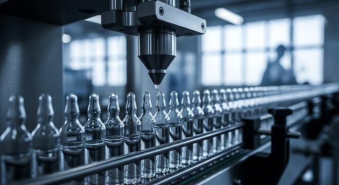 Closeup of a machine filling clear glass bottles on a production line in a factory