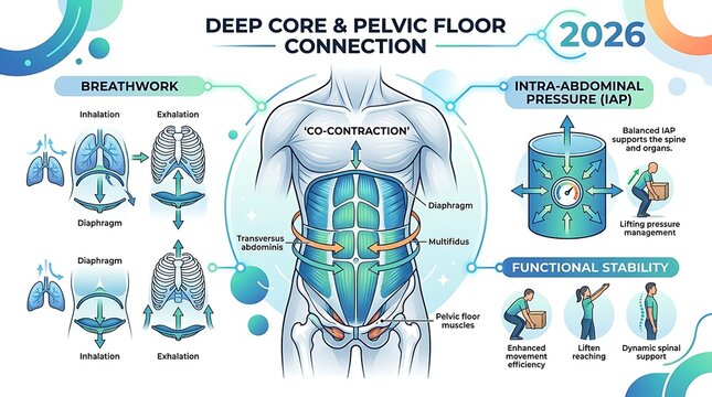 Medical infographic explaining deep core and pelvic floor connection