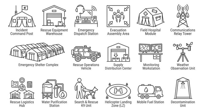Disaster Response Icons: A comprehensive set of line-art icons illustrating essential facilities and resources for emergency response, including command posts, shelters, vehicles.